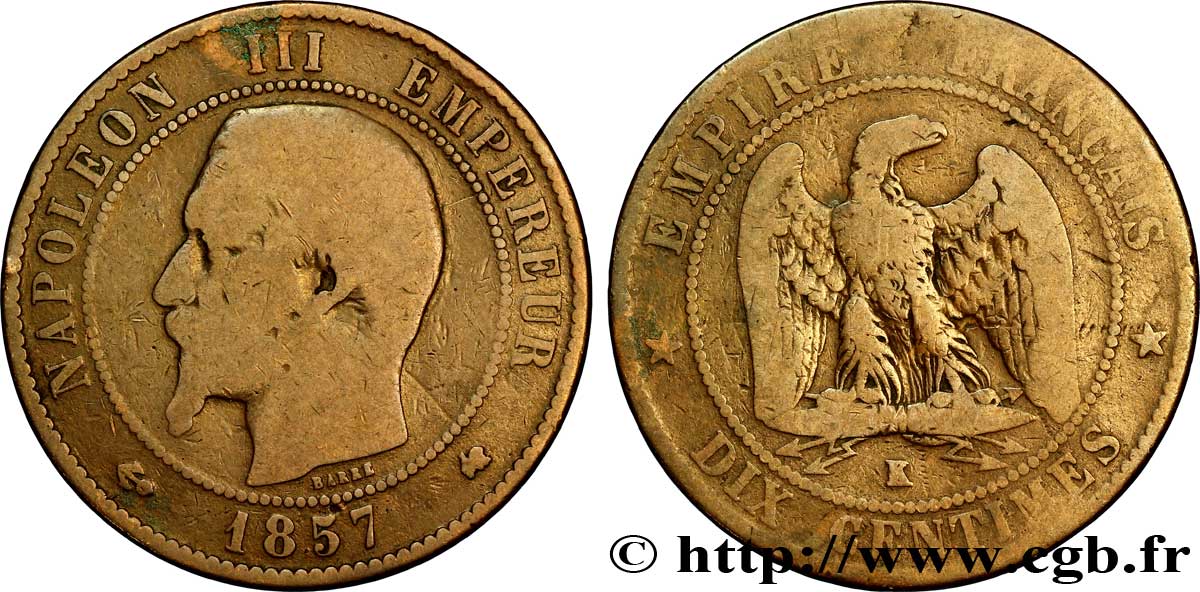 Dix centimes Napoléon III, tête nue 1857 Bordeaux F.133/44 B12 