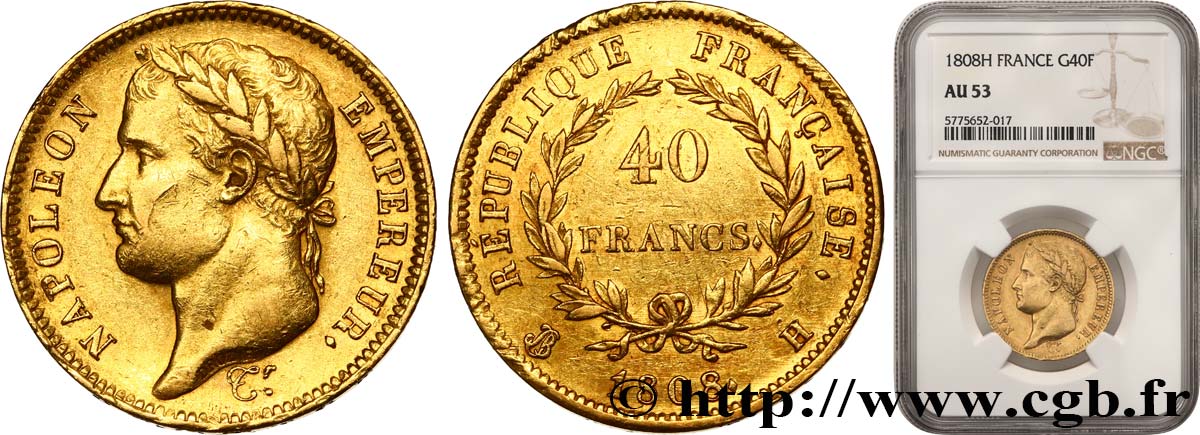 40 francs or Napoléon tête laurée, République française 1808 La Rochelle F.540/3 TTB53 NGC