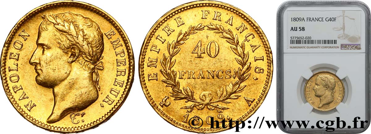 40 francs or Napoléon tête laurée, Empire français 1809 Paris F.541/1 SUP58 NGC