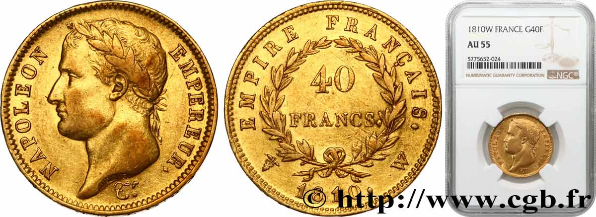 40 francs or Napoléon tête laurée, Empire français 1810 Lille F.541/5 SUP55 NGC