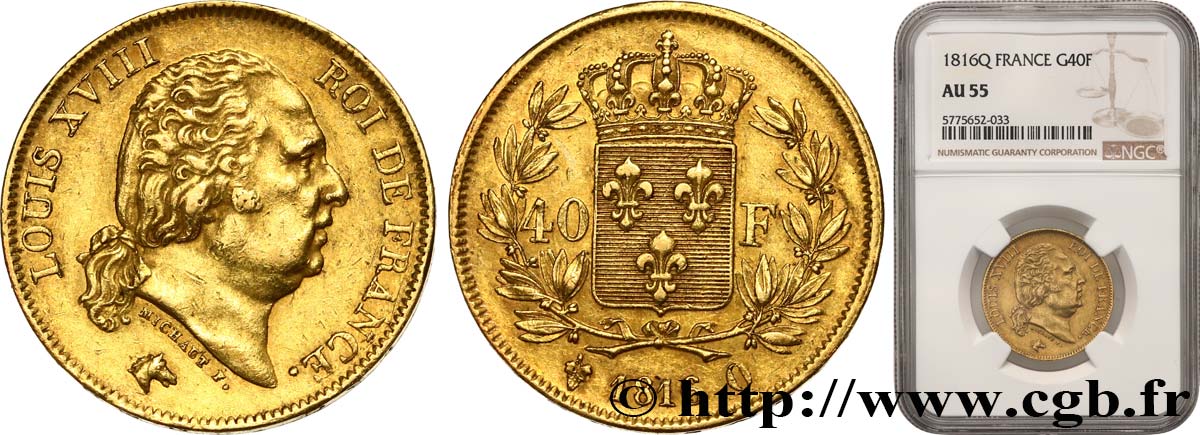 40 francs or Louis XVIII 1816 Perpignan F.542/4 AU55 NGC