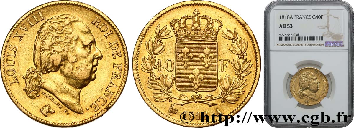 40 francs or Louis XVIII 1818 Paris F.542/7 TTB53 NGC