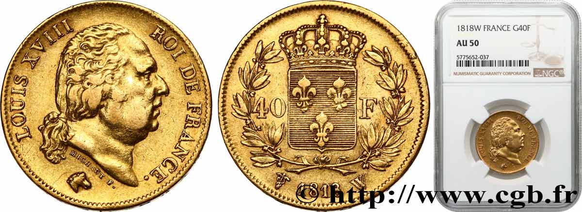40 francs or Louis XVIII 1818 Lille F.542/8 AU50 NGC