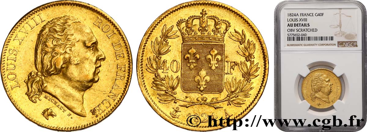 40 francs or Louis XVIII 1824 Paris F.542/14 TTB+ NGC