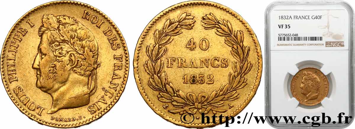 40 francs or Louis-Philippe 1832 Paris F.546/3 S35 NGC
