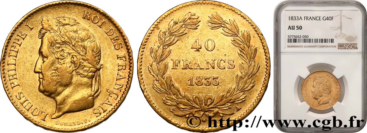 40 francs or Louis-Philippe 1833 Paris F.546/5 AU50 NGC