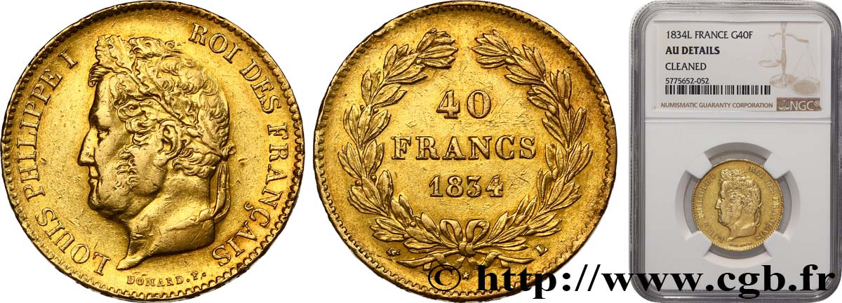 40 francs or Louis-Philippe 1834 Bayonne F.546/7 AU NGC