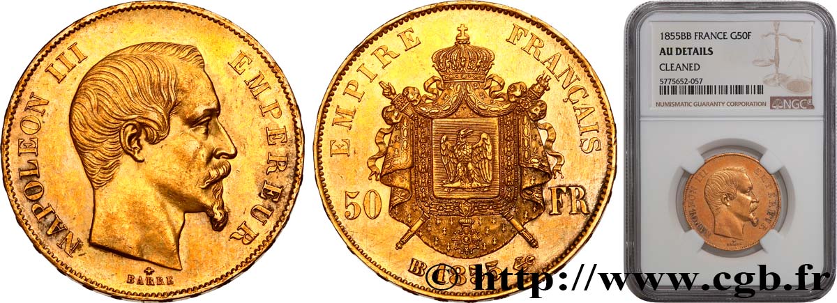 50 francs or Napoléon III, tête nue 1855 Strasbourg F.547/2 AU NGC