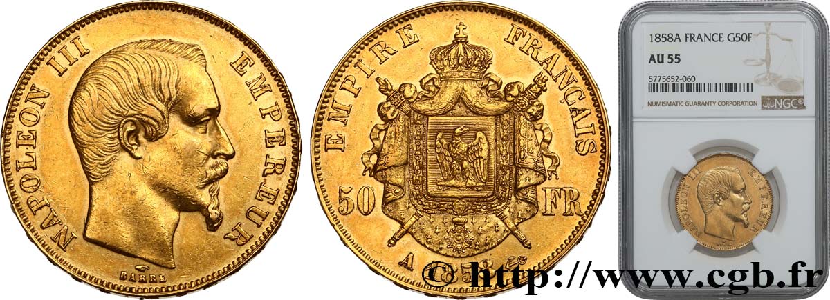 50 francs or Napoléon III, tête nue 1858 Paris F.547/5 SUP55 NGC