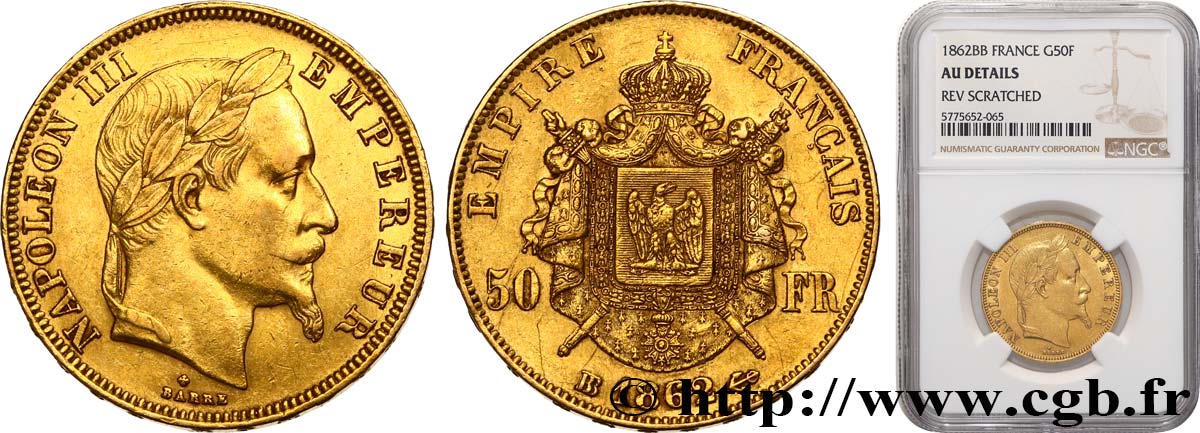 50 francs or Napoléon III, tête laurée 1862 Strasbourg F.548/2 q.SPL NGC