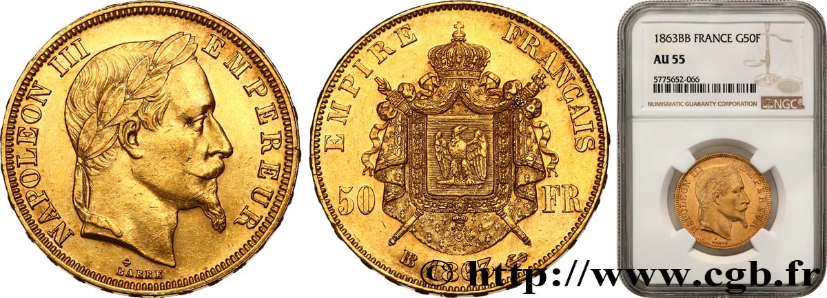 50 francs or Napoléon III, tête laurée 1863 Strasbourg F.548/3 AU55 NGC