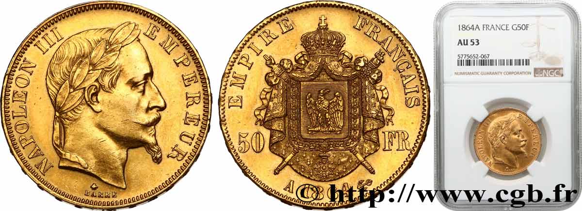 50 francs or Napoléon III, tête laurée 1864 Paris F.548/4 AU53 NGC