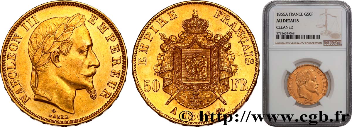 50 francs or Napoléon III, tête laurée 1866 Paris F.548/6 TTB+ NGC