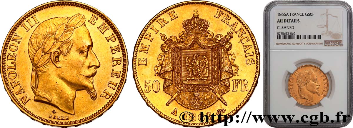 50 francs or Napoléon III, tête laurée 1866 Paris F.548/6 MBC+ NGC