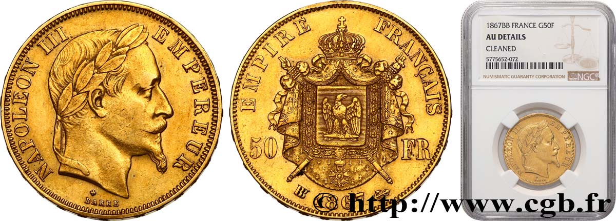 50 francs or Napoléon III, tête laurée 1867 Strasbourg F.548/9 TTB+ NGC