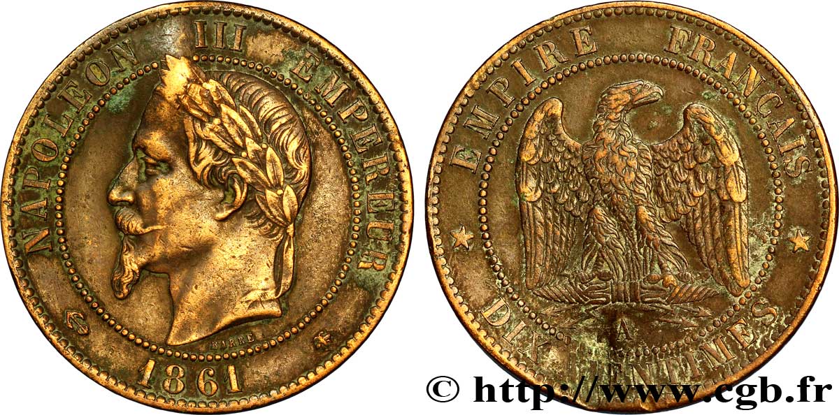 Dix centimes Napoléon III, tête laurée 1861 Paris F.134/4 TB35 