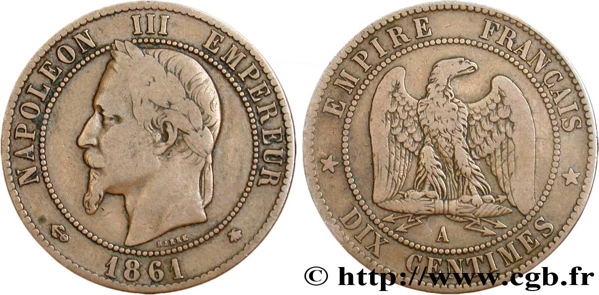 Dix centimes Napoléon III, tête laurée 1861 Paris F.134/4 TB20 