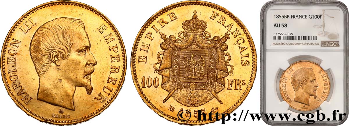 100 francs or Napoléon III tête nue 1855 Strasbourg F.550/2 SUP58 NGC