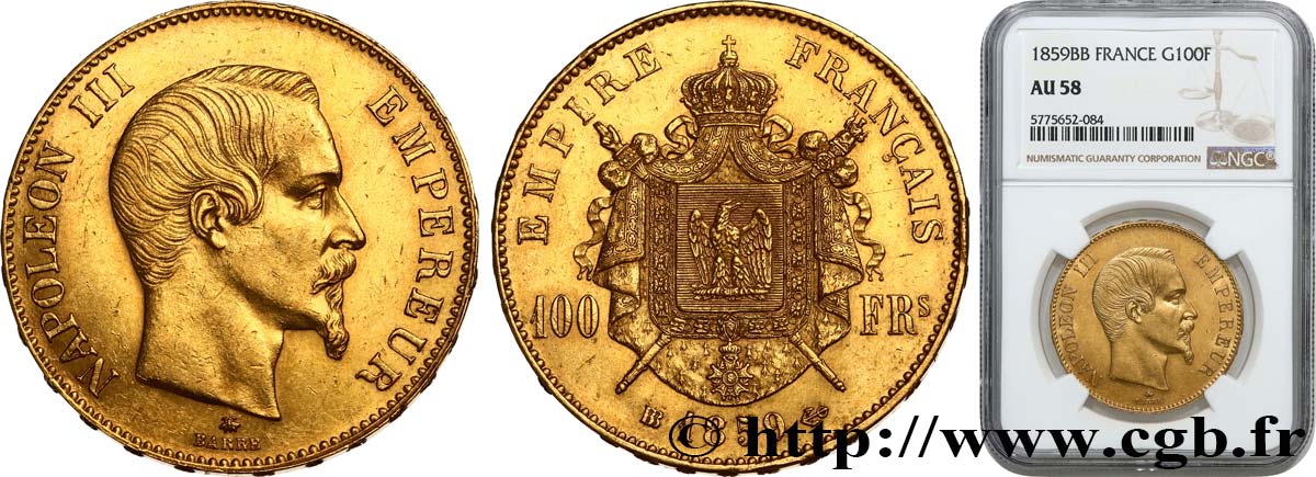 100 francs or Napoléon III tête nue 1859 Strasbourg F.550/8 SUP58 NGC