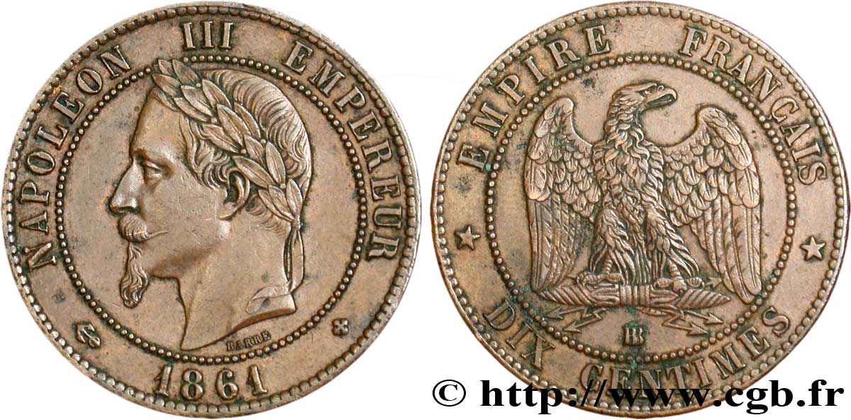 Dix centimes Napoléon III, tête laurée 1861 Strasbourg F.134/5 TTB52 