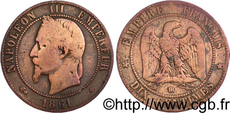Dix centimes Napoléon III, tête laurée 1861 Strasbourg F.134/5 B12 