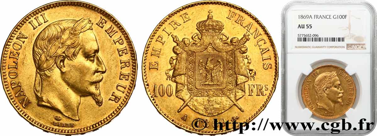 100 francs or Napoléon III, tête laurée 1869 Paris F.551/12 EBC55 NGC