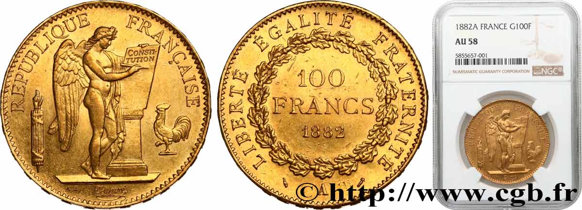100 francs génie, tranche inscrite en relief Dieu protège la France 1882 Paris F.552/5 EBC58 NGC
