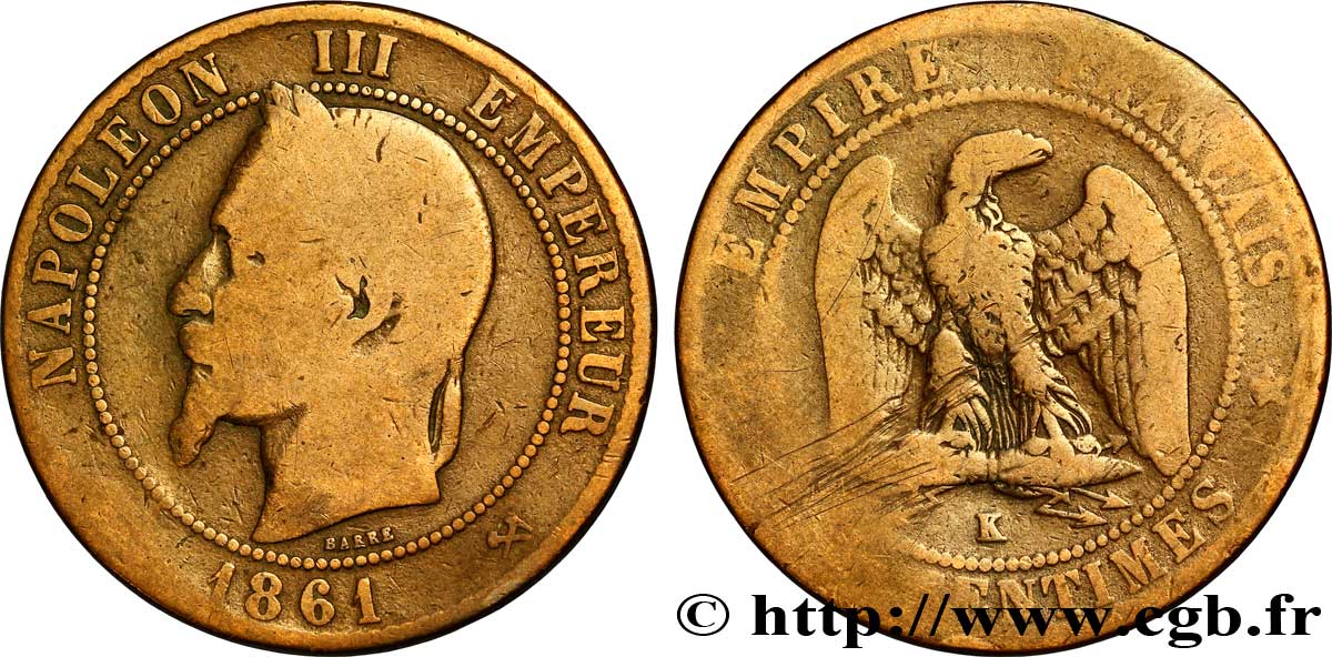 Dix centimes Napoléon III, tête laurée 1861 Bordeaux F.134/6 SGE8 