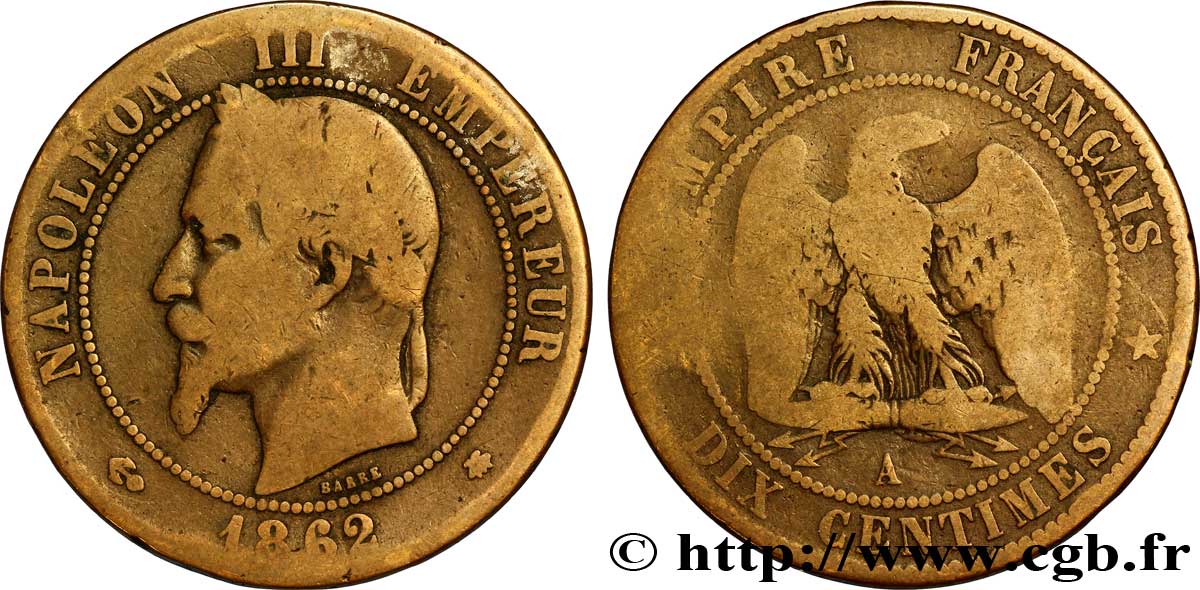 Dix centimes Napoléon III, tête laurée 1862 Paris F.134/7 B12 