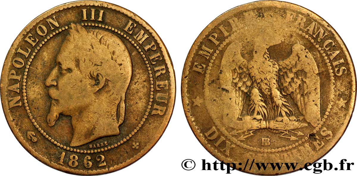 Dix centimes Napoléon III, tête laurée 1862 Strasbourg F.134/8 B8 