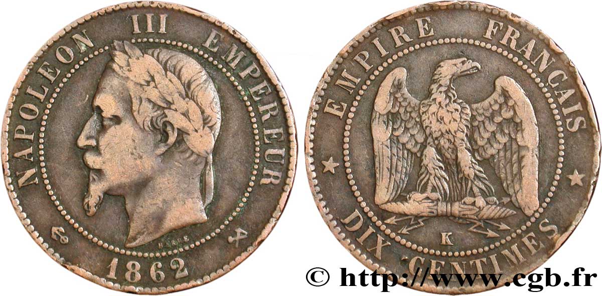 Dix centimes Napoléon III, tête laurée 1862 Bordeaux F.134/9 TB20 