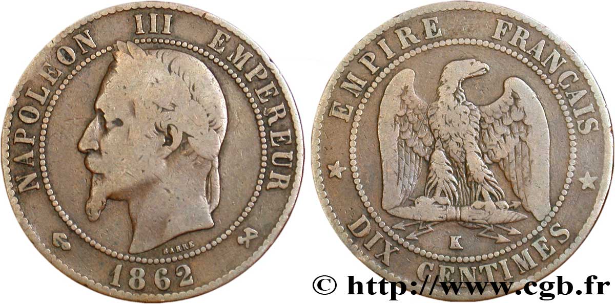 Dix centimes Napoléon III, tête laurée 1862 Bordeaux F.134/9 B12 