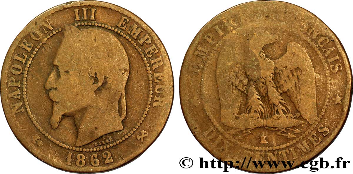 Dix centimes Napoléon III, tête laurée 1862 Bordeaux F.134/9 B8 