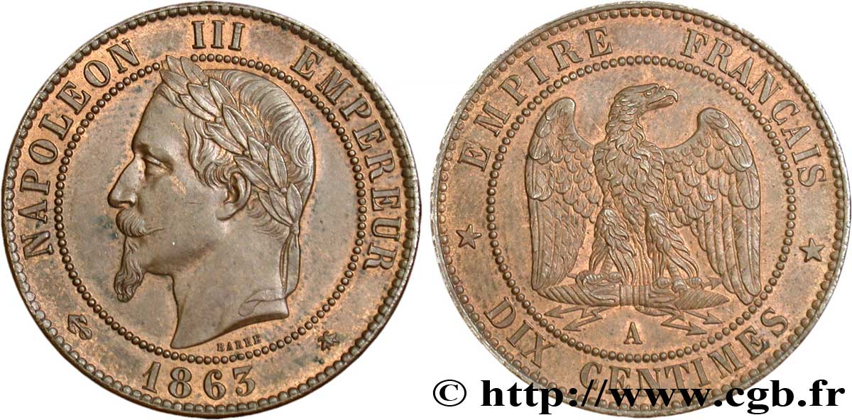 Dix centimes Napoléon III, tête laurée 1863 Paris F.134/10 SPL58 