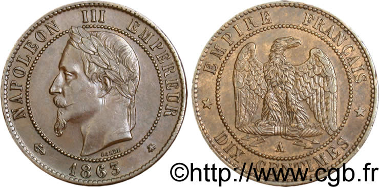 Dix centimes Napoléon III, tête laurée 1863 Paris F.134/10 SUP55 