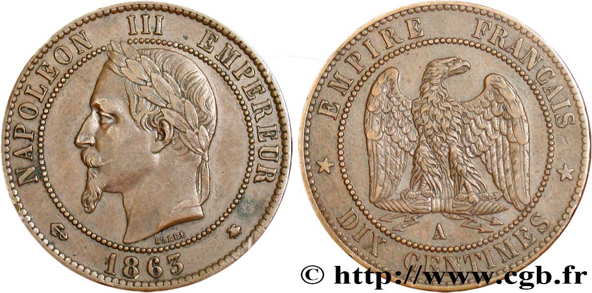 Dix centimes Napoléon III, tête laurée 1863 Paris F.134/10 TTB48 