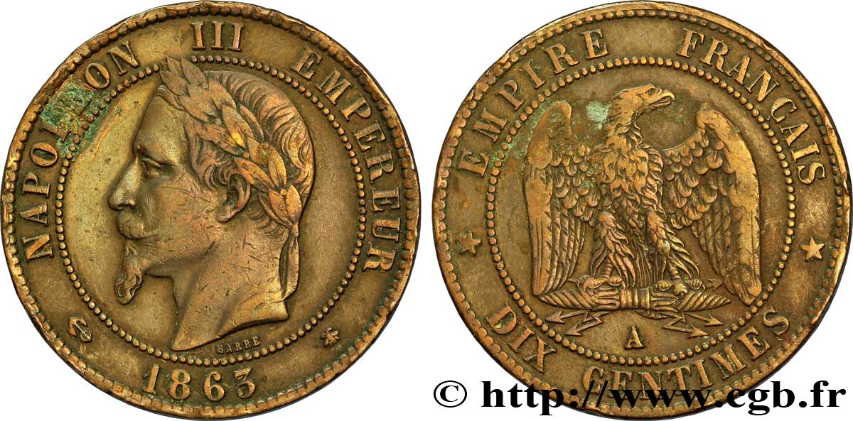 Dix centimes Napoléon III, tête laurée 1863 Paris F.134/10 TB35 