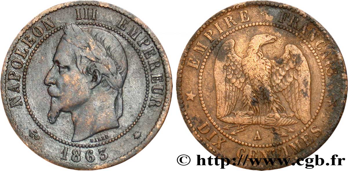 Dix centimes Napoléon III, tête laurée 1863 Paris F.134/10 TB20 