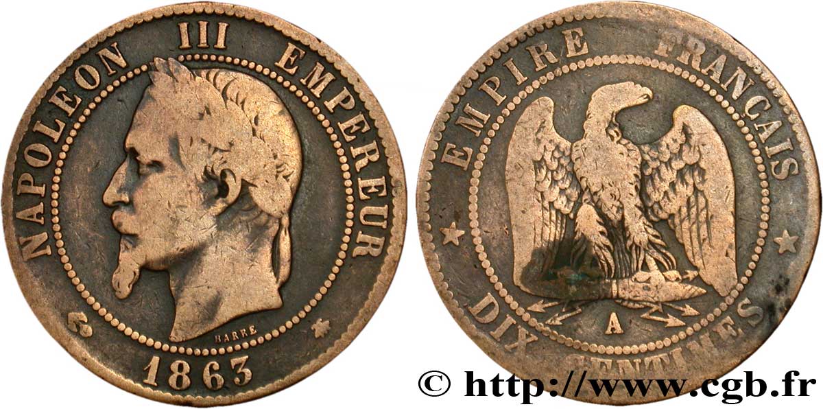 Dix centimes Napoléon III, tête laurée 1863 Paris F.134/10 B12 