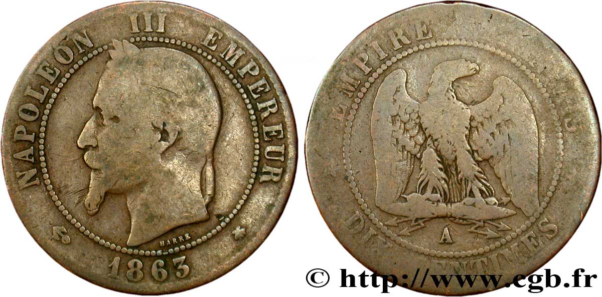 Dix centimes Napoléon III, tête laurée 1863 Paris F.134/10 B8 