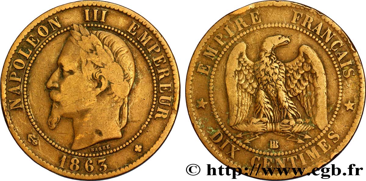 Dix centimes Napoléon III, tête laurée 1863 Strasbourg F.134/11 TB35 