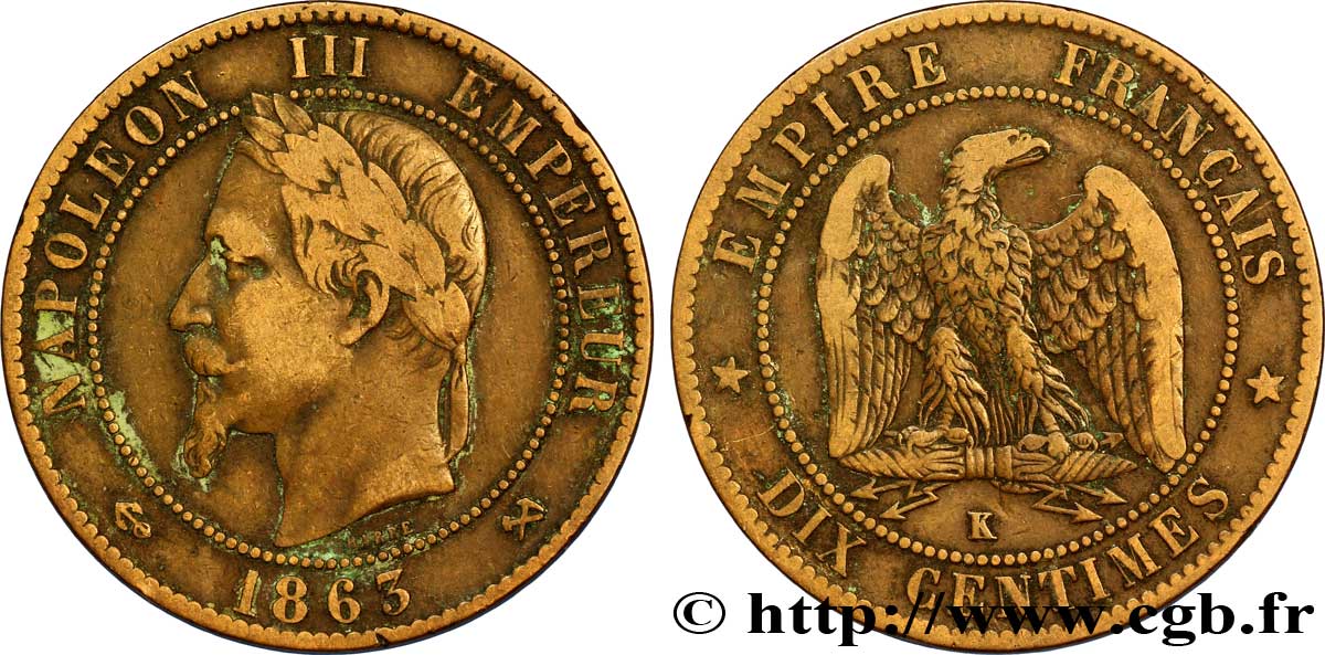 Dix centimes Napoléon III, tête laurée 1863 Bordeaux F.134/12 TTB40 