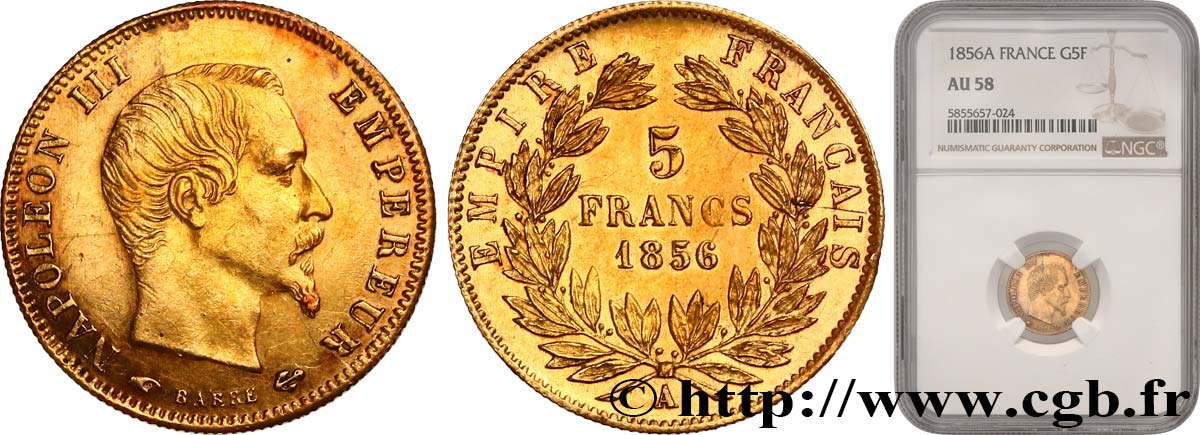 5 francs or Napoléon III tête nue, grand module 1856 Paris F.501/2 SUP58 NGC