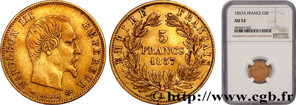 5 francs or Napoléon III tête nue, grand module 1857 Paris F.501/4 TTB53 NGC