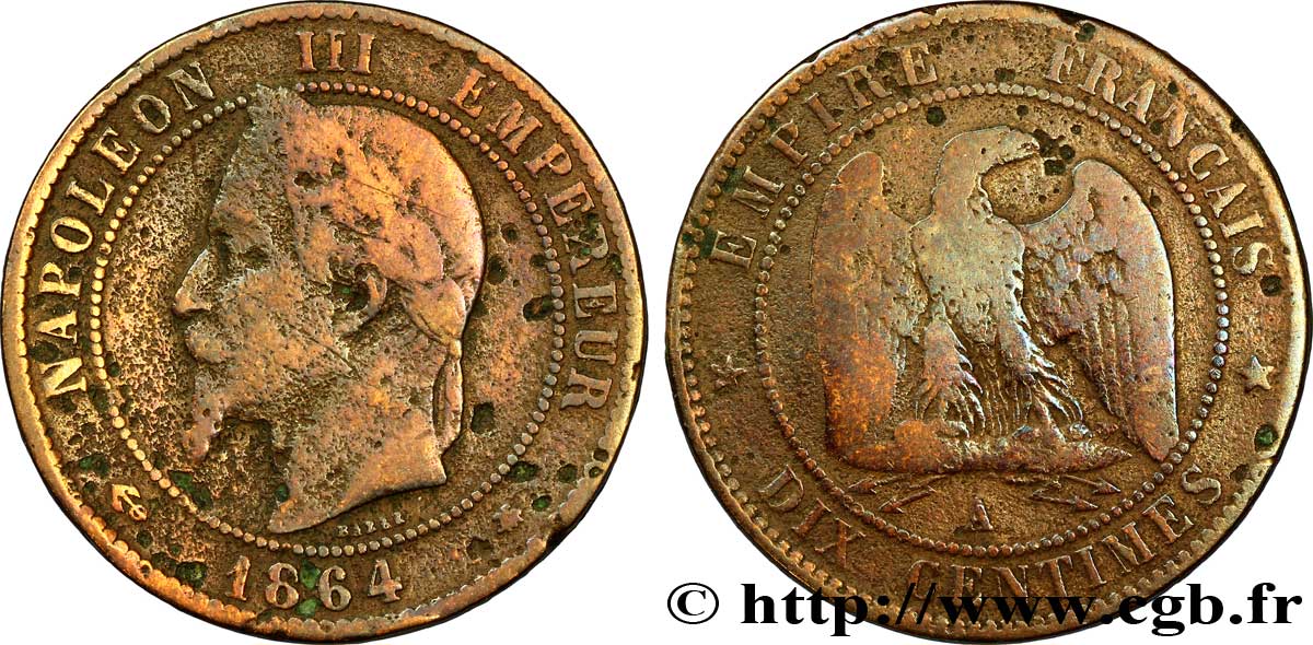Dix centimes Napoléon III, tête laurée 1864 Paris F.134/13 F12 