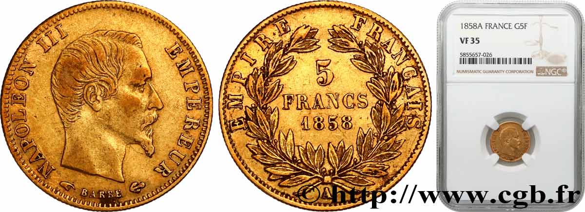 5 francs or Napoléon III tête nue, grand module 1858 Paris F.501/5 VF35 NGC