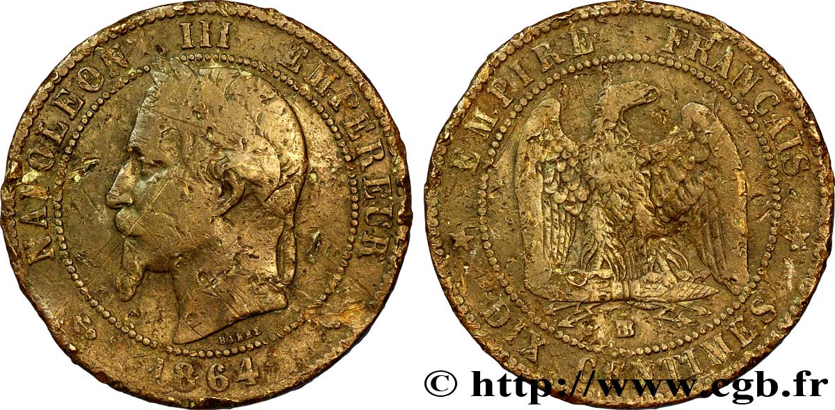 Dix centimes Napoléon III, tête laurée 1864 Strasbourg F.134/14 RC12 