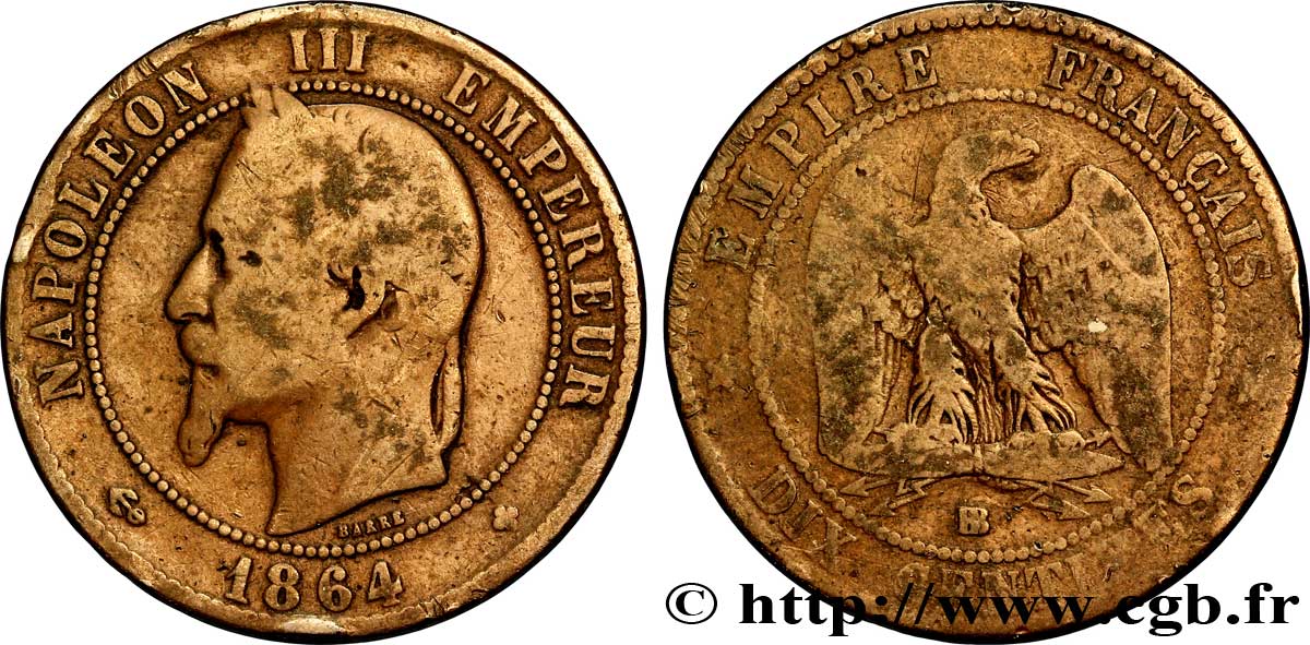 Dix centimes Napoléon III, tête laurée 1864 Strasbourg F.134/14 SGE8 