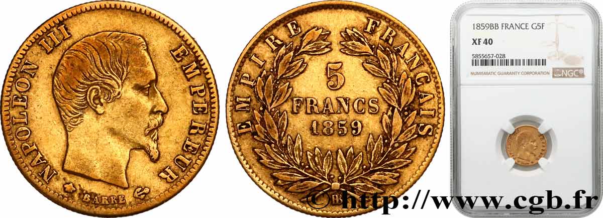 5 francs or Napoléon III, tête nue, grand module 1859 Strasbourg F.501/8 SS40 NGC