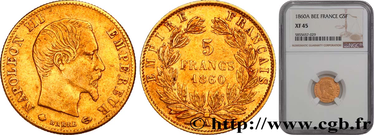 5 francs or Napoléon III tête nue, grand module 1860 Paris F.501/11 BB45 NGC